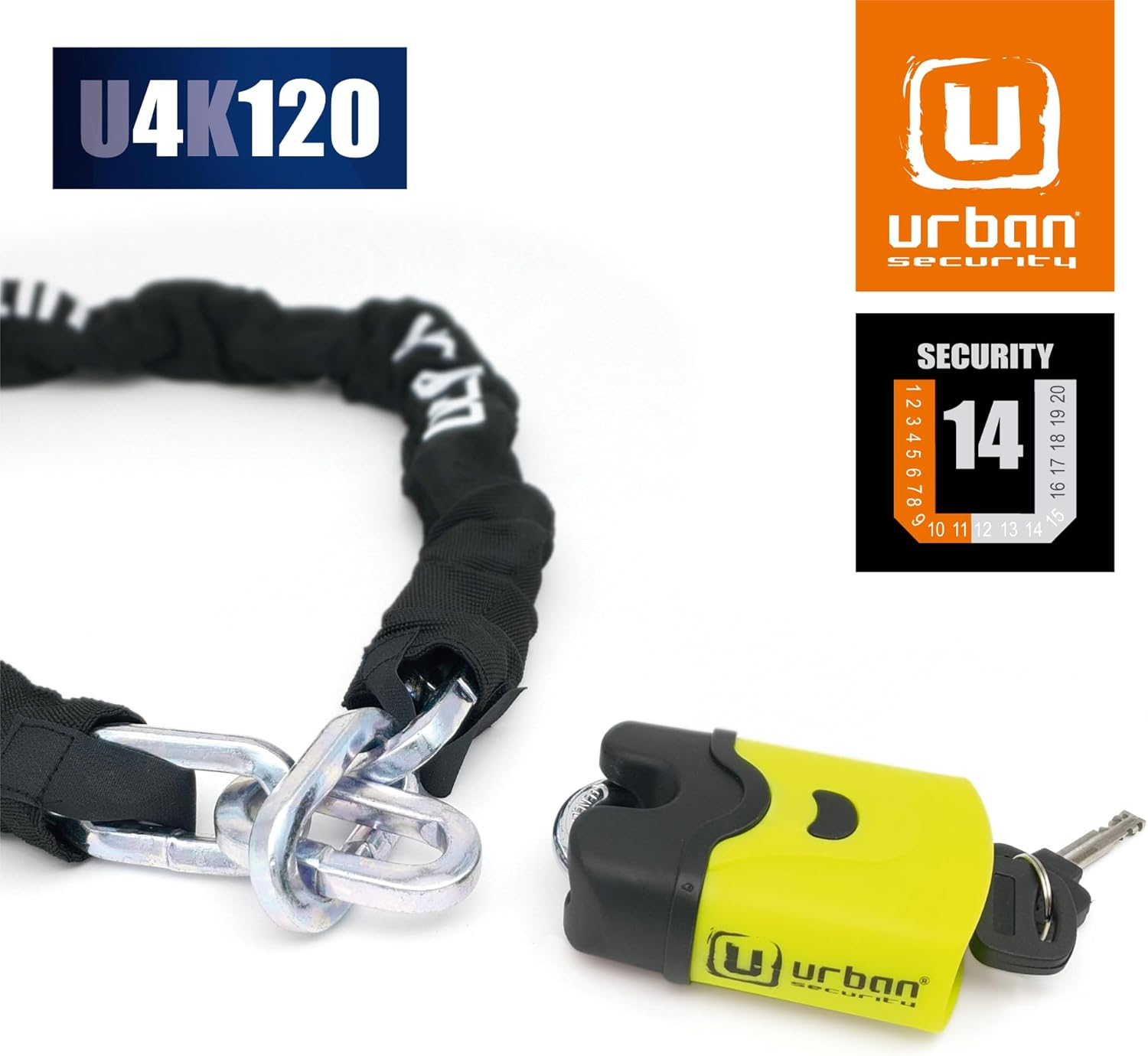 Urban U4K120 Motorcycle Chain Lock Hardened Steel, &Oslash;0.39In, 3,93Ft Long, Link plus System, Textile Cover, Security Anti-Theft Padlock, Double Locking, Scooter, Electric Bicycle, Containers, Gates image number 5