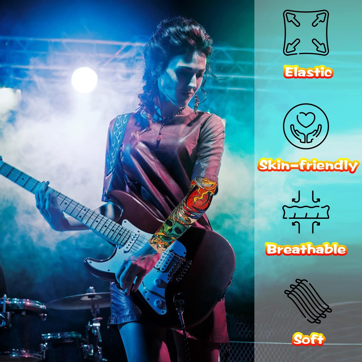 11Pcs Punk Gothic Rocker Costume Set, Rock Heavy Metal Accessories with Retro Sunglasses Gloves Bandana Fake Tattoo Sleeves Bracelet Rings Inflatable Guitar for Women Men Halloween 80S Disco Party image number 3