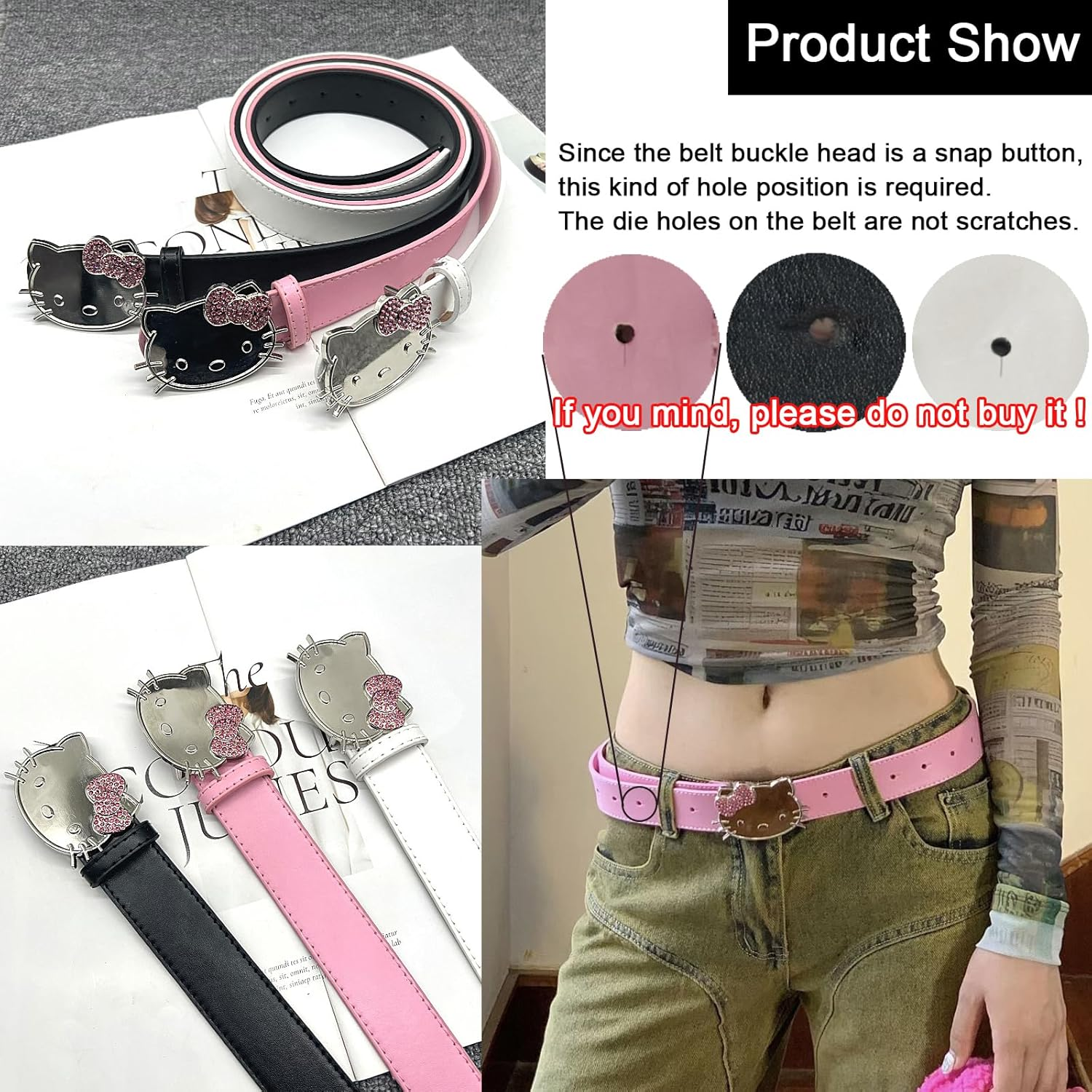 Kitty Cat Y2K Hip Hop Korean Belt for Women - Jeans Skirt Accessory - 105 * 3.3 Cm/41.3 * 1.3 In - Pink image number 3