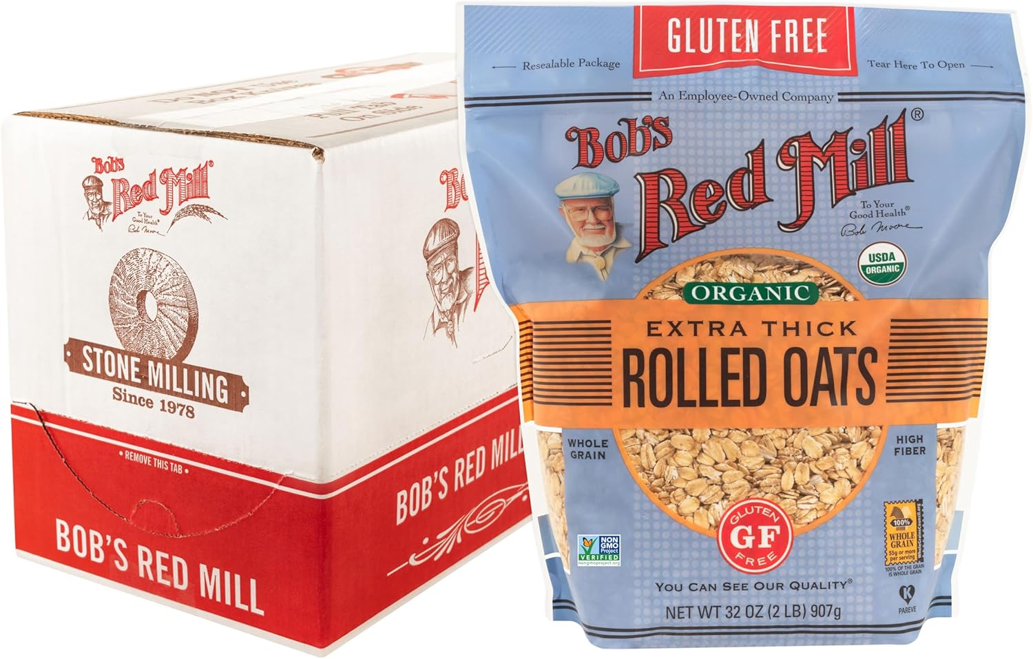 Bob'S Red Mill Gluten Free Organic Extra Thick Rolled Oats, 32Oz (Pack of 4) - Non GMO, Whole Grain, Vegan, Kosher image number 1