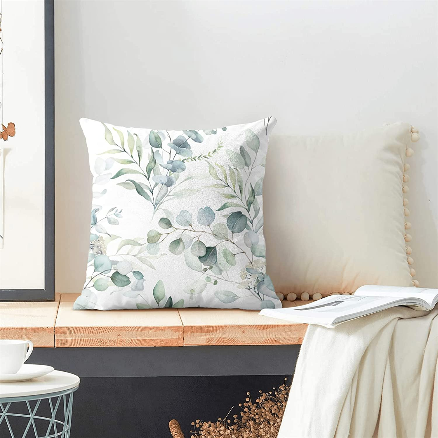 AEIOAE Spring Sage Green Pillow Covers 16X16 Inch Set of 2,Watercolor Eucalyptus Floral Throw Pillows Case,Seafoam Leaves Print Square Cushion Outdoor Leaf Decor for Home Sofa Bed (ZHH121001) image number 4
