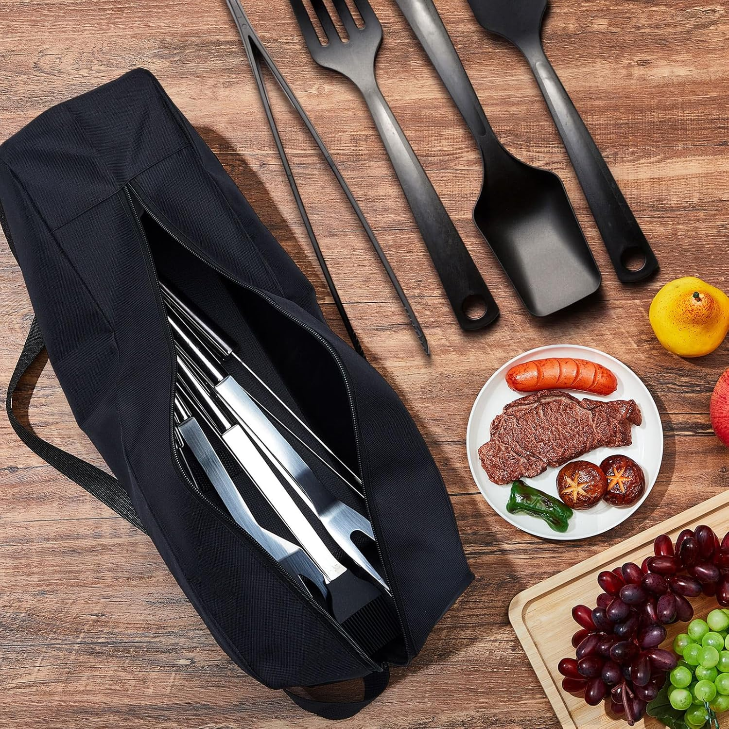 Amylove 1 Pc Grill Tool Storage Bag BBQ Utensil Grilling Bag Oxford Cloth Black