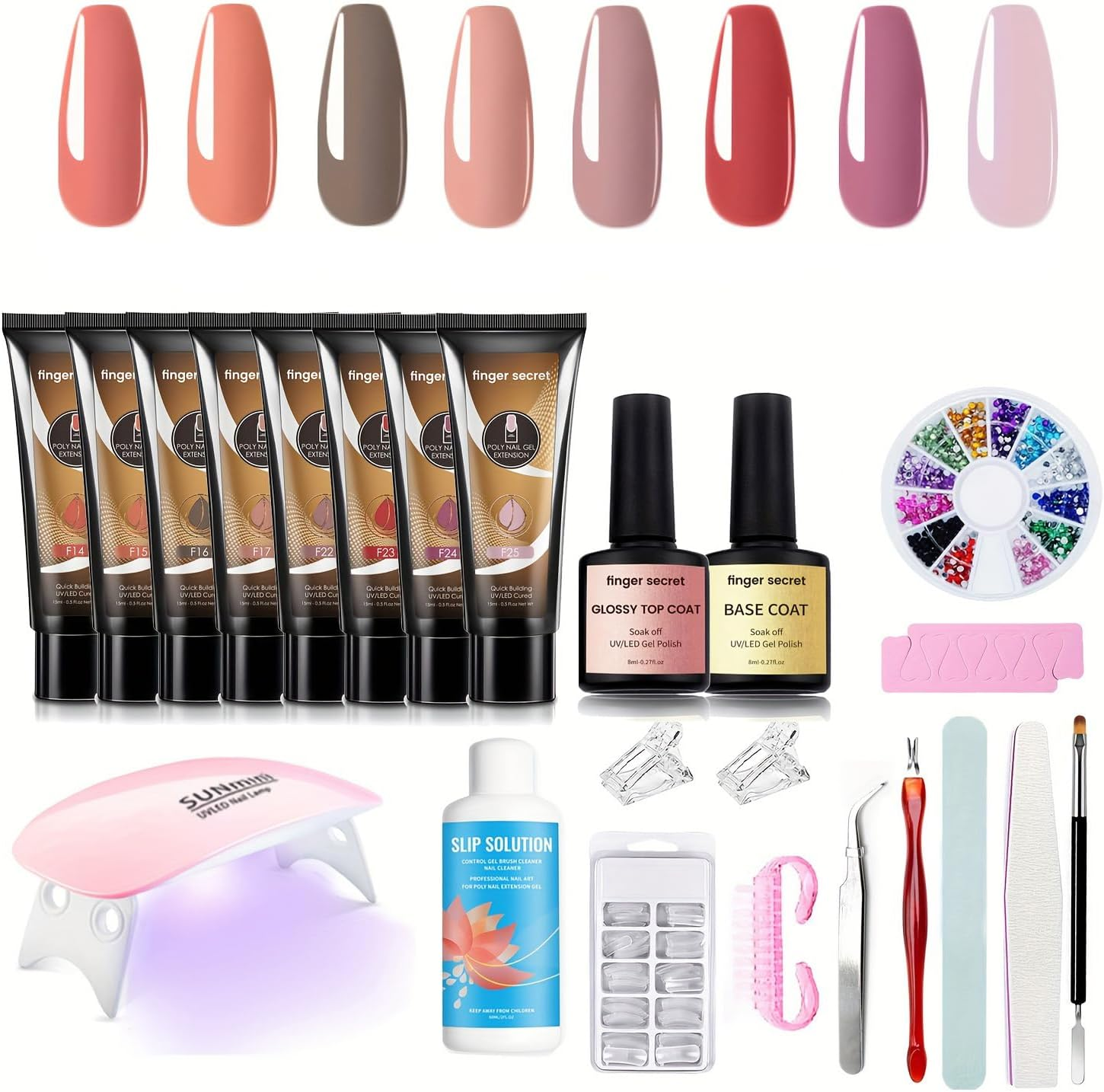 Finger Secret Poly Extension Gel Nail Kit - Professional Nail Gel Set 8 Colors with Slip Solution and Lamp Nail Art Design Beginner,All-In-One French Kit,Nail Thickening Solution image number 2