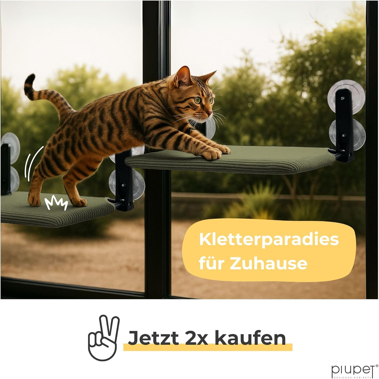 Piupet Floating Cat Window Lounger - Foldable & Space-Saving Cat Lounger with Suction Cups I Reversible Hammock for Windows I Cat Bed up to 20 Kg for Sun Place & Panoramic View (Green, Large) image number 1