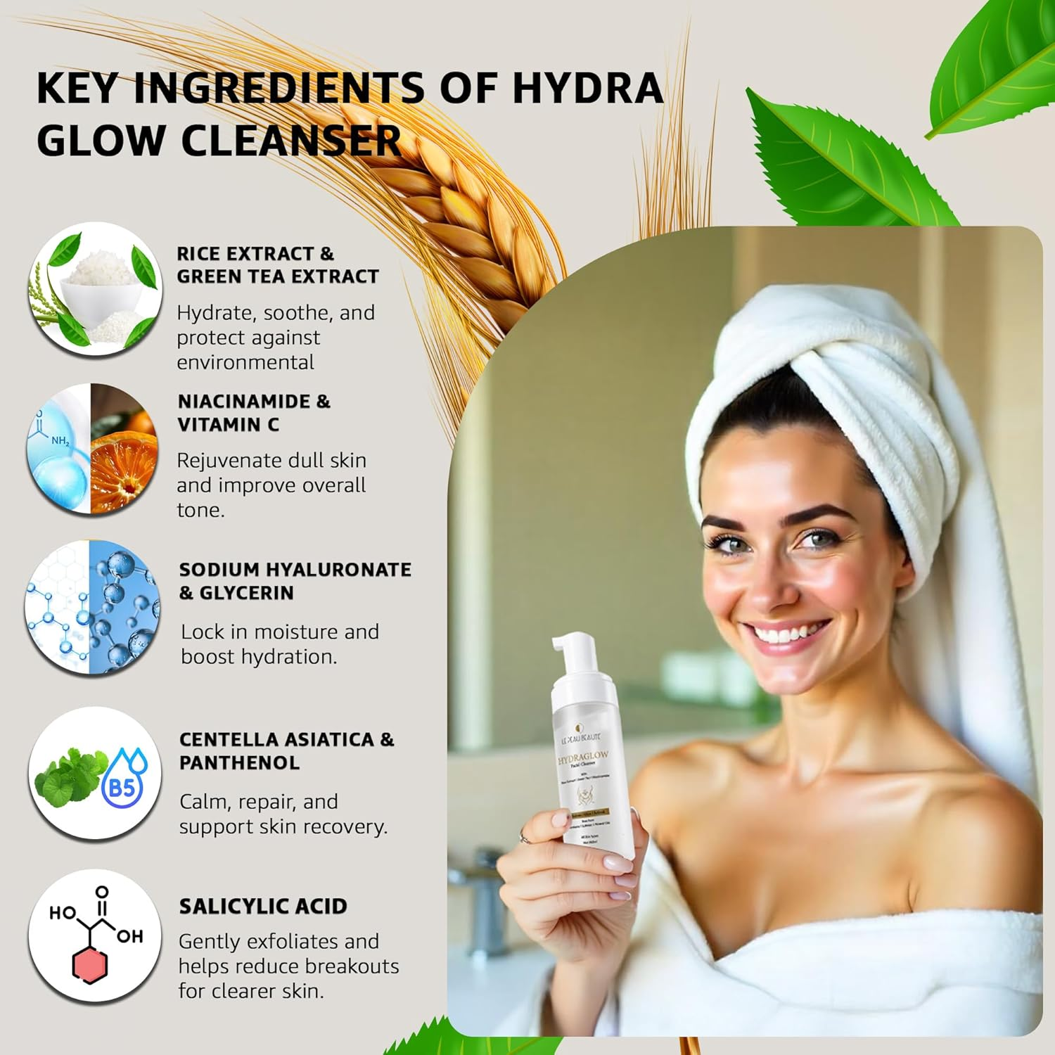 Le Peau Beaut&eacute; Hydra Glow Cleanser &ndash; Hydrating Face Wash with Rice Extract, Green Tea & Niacinamide for Radiant Skin. Gently Exfoliates with Salicylic Acid, Soothes & Repairs with Centella & Panthenol &ndash; Daily Use.