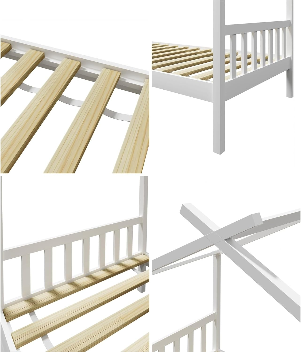 Oikiture Kids Single Bed Frame with Wooden Timber Base Kids House Wood Mattress Base Platform, White image number 4