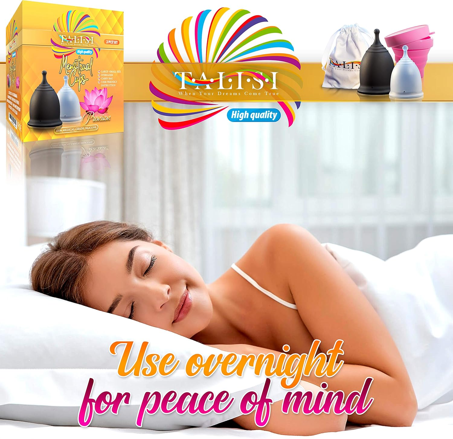 Talisi Reusable 2 Menstrual Cups - Period Cup Set for Women with Collapsible Sterilization Cup and Travel Bag - Feminine Menstruation Alternative to Tampons - Regular and Heavy Flow image number 1
