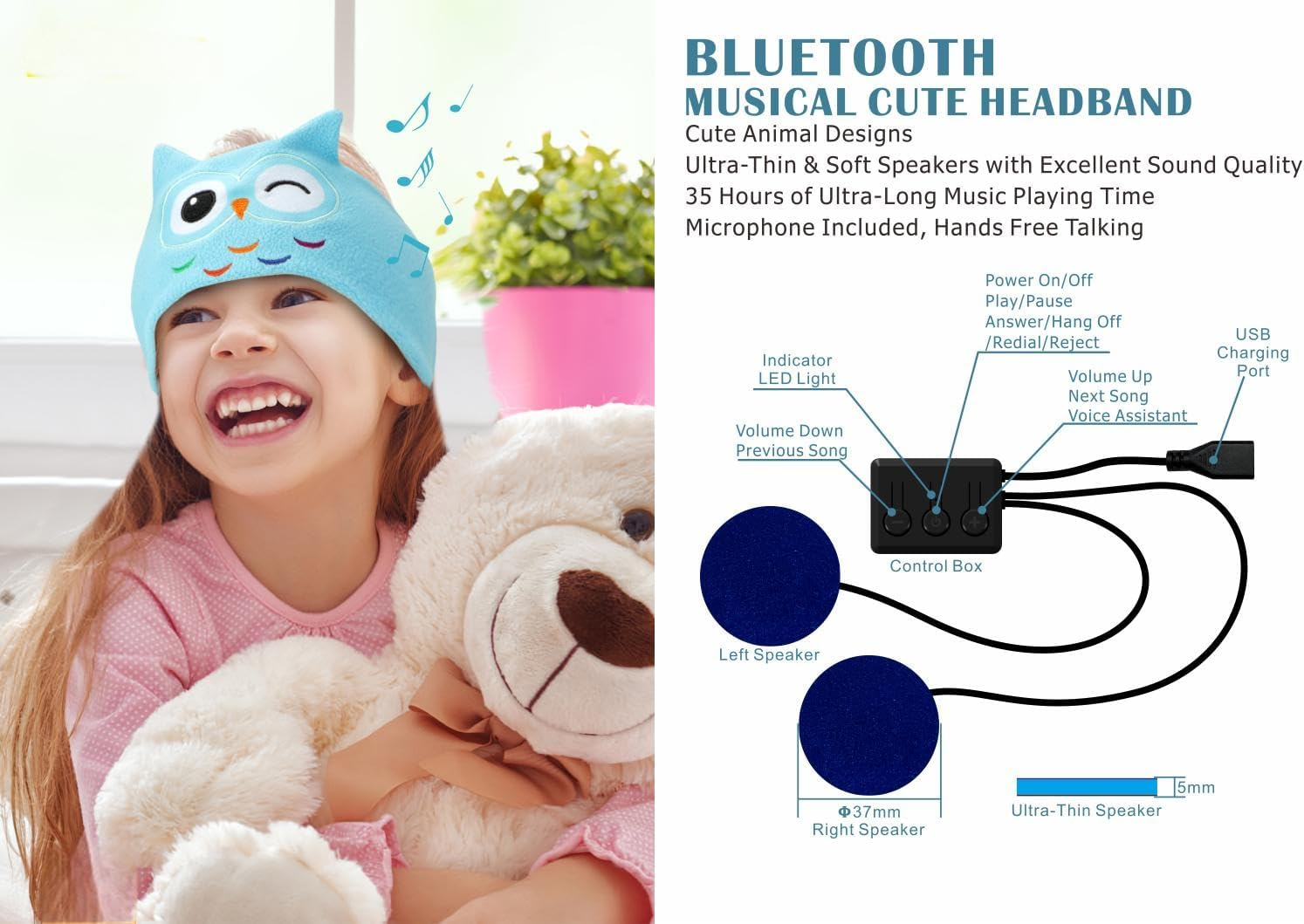 Qinghong Kids Wireless Headphones Headband, Earphones for Children, Bandeau Toddler Headphones with Speakers,Super Soft Headband (Rose Red Owl) image number 6