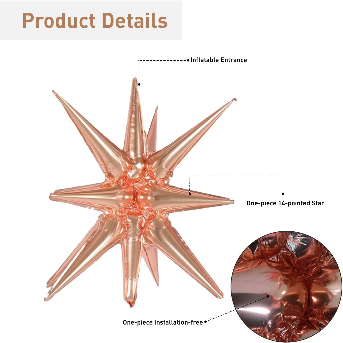 6 Pcs Rose Gold Star Foil Balloons One-Piece 14-Pointed Star Balloons 4D Starburst Cone Mylar Balloons 22Inch Christmas Birthday Wedding Wedding Anniversary Party Supplies(Rose Gold) image number 6