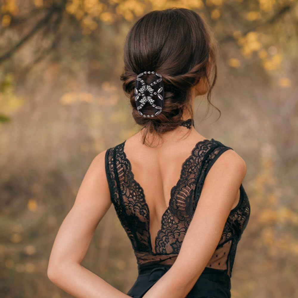 Pack of 4 Magic Hair Combs, Elastic Beads Hair Combs, Stretchy Double Hair Side Combs, Clips, Bun Maker, Headpiece for Women and Girls, DIY Hair Styling Accessories image number 1