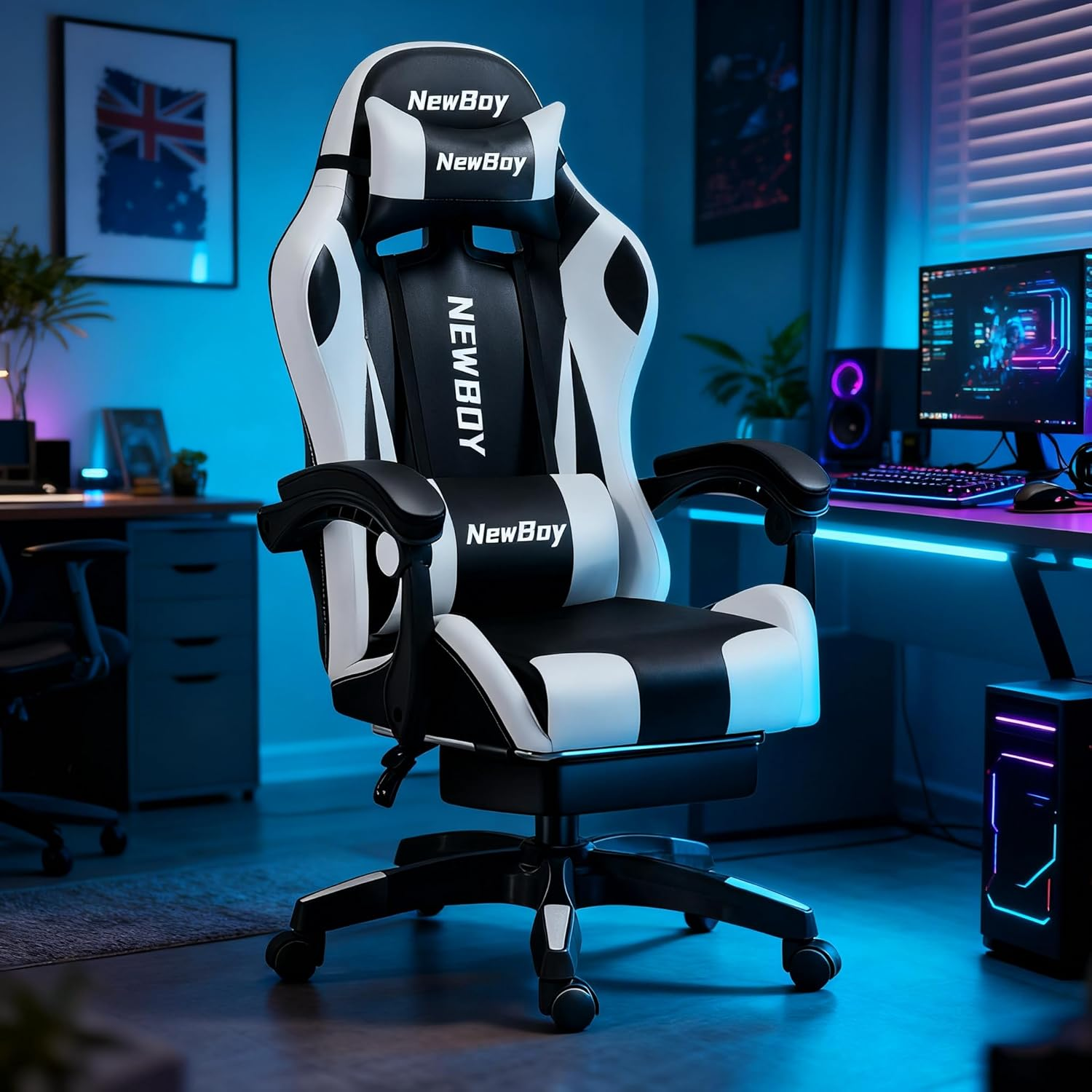 Gaming Chair, Ergonomic Office Chair - PU Leather Reclining Chair with Footrest, Headrest and Lumbar Support, Height-Adjustable, Suitable for Gaming/Office Scenarios (Model 13, Black and White)