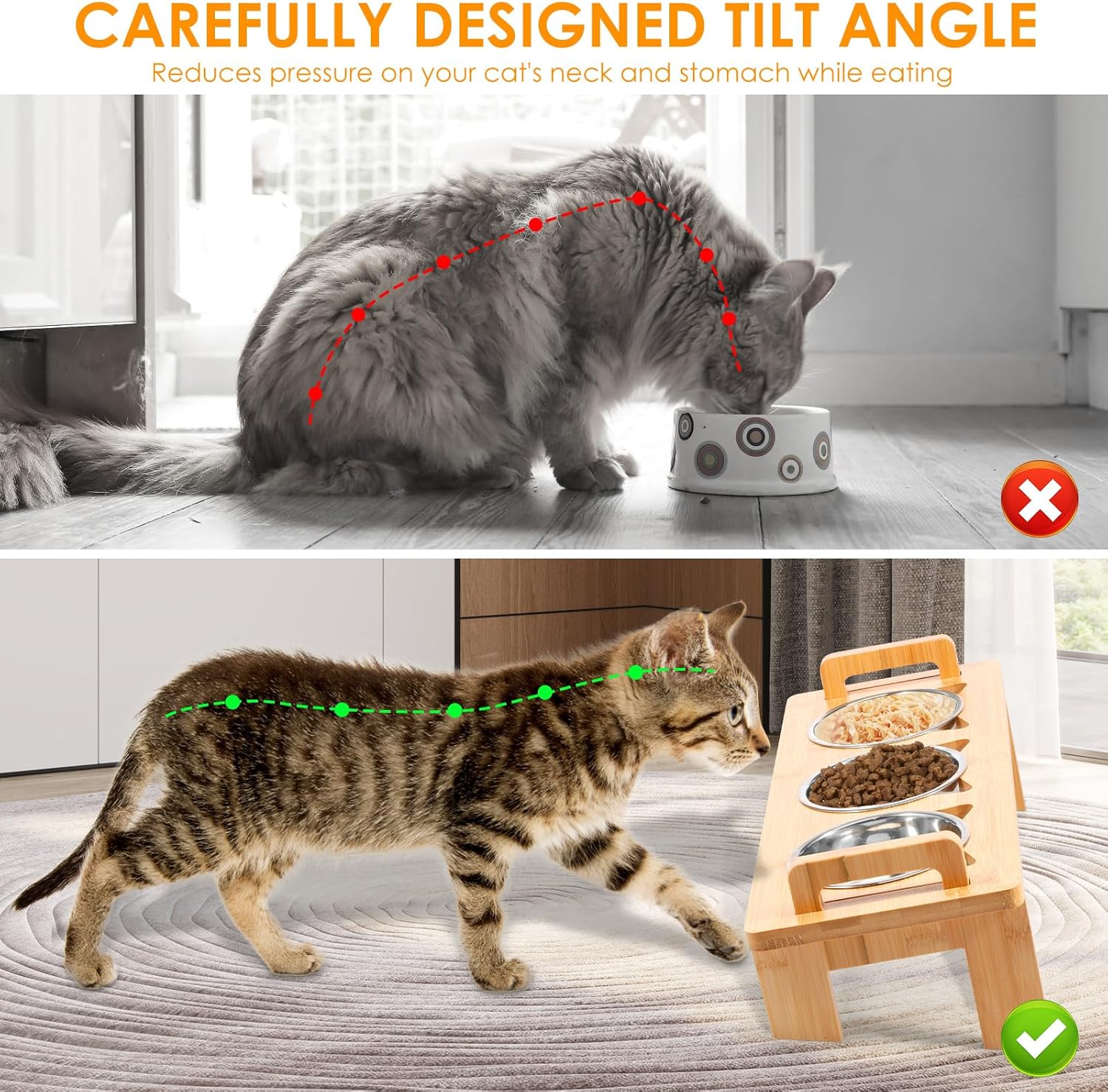 Elevated Cat Bowls with Bamboo Stand Tilted Raised Pet Food Feeding Dishes with 3 Stainless Steel Bowls for Cats and Puppy (3 Bowls) image number 2