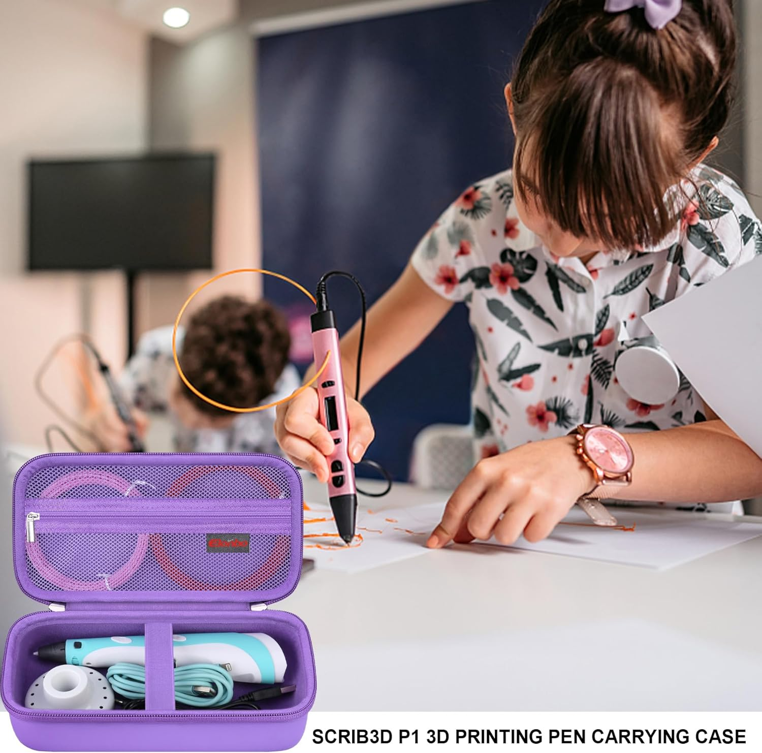 Elonbo Hard Case for SCRIB3D P1 3D Printing Pen/For 3Doodler 3D Pen Set for Kids, 3D Pen Case Travel Holder with Shoulder Strap, Mesh Pocket Fits Pen Filament, Charger and Cable, Purple (Case Only) image number 6