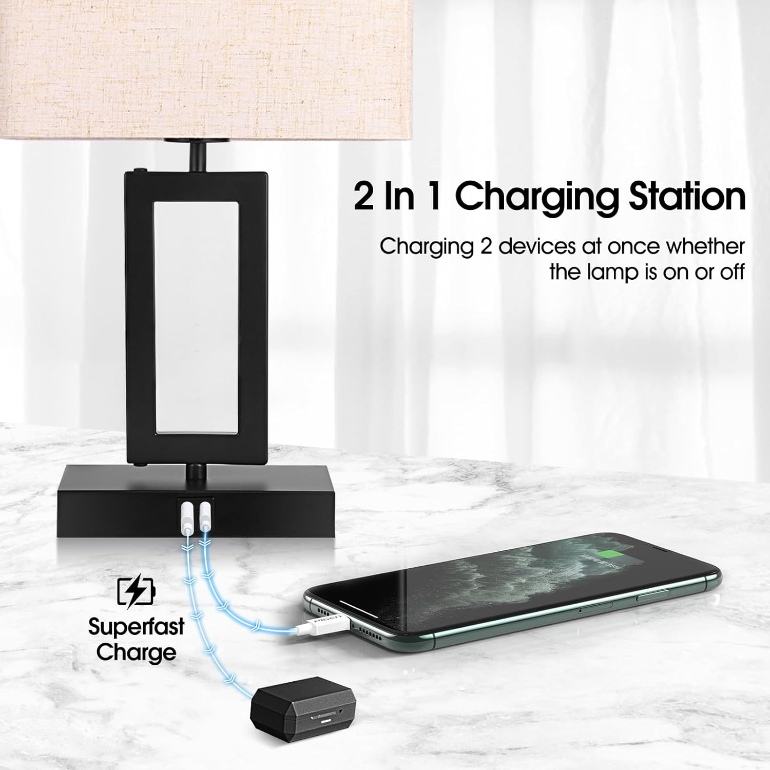 Set of 2 Touch Control Table Lamps for Bedroom: Dimmable Bedside Lamp with USB A/C Ports - Fabric Shade Modern Nightstand Lamp image number 1