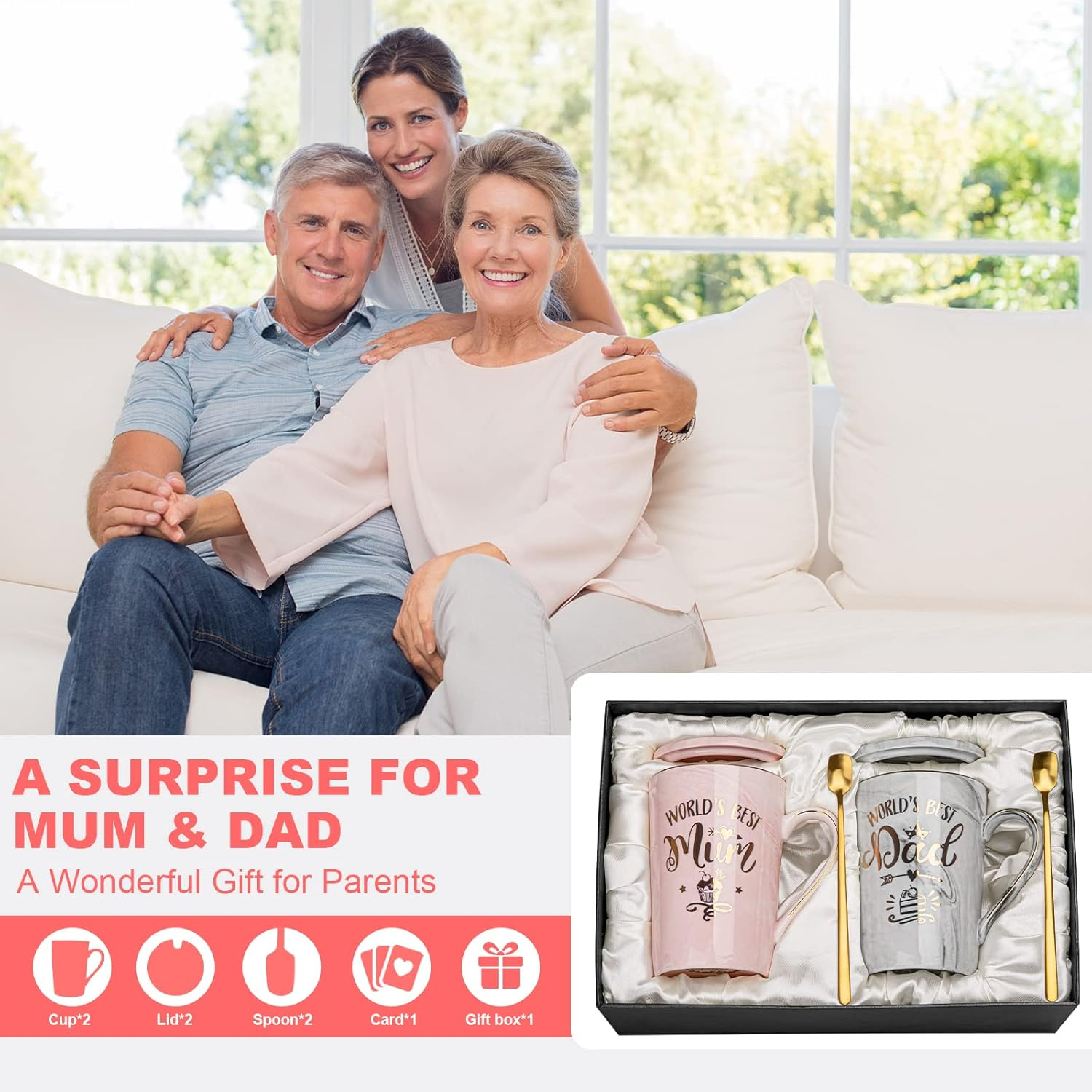 Mum and Dad Coffee Mugs Set - Gifts for Pregnancy Announcement - 14Oz Funny Ceramic Couples Mugs - New Parent Gift, Anniversary Birthday, Marble Cup with Lid Spoon Greeting Card Boxed (Pink & Gray) image number 2