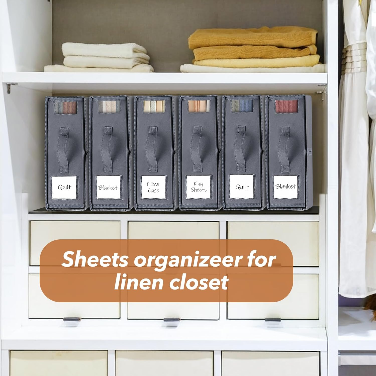 Linen Storage Bag, Bed Sheet Organiser with Handle, 6 Pack King Size Foldable Storage Box for Wardrobe, under Bed Storage | Premium Organiser with Clear Window & Labels for Home Storage & Organisation image number 2