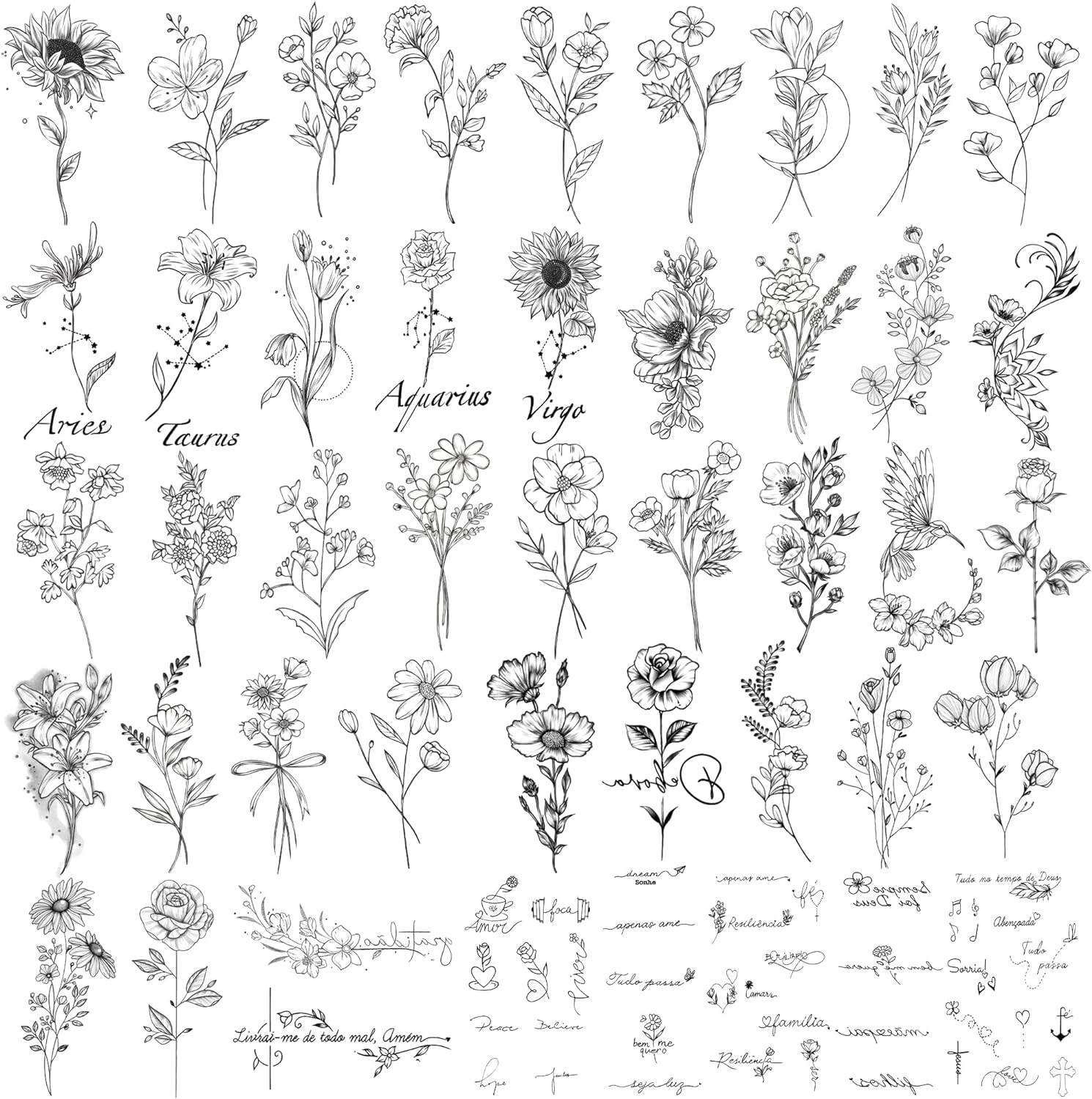Waterproof Temporary Tattoo - 90 Sheets Realistic Fake Tattoos, 52 Sheets Inspirational Words Tattoo Stickers, 38Sheets Wild Flower Floral Rose Sunflower Bouquet Body Stickers for Adult Women Men Kids image number 2