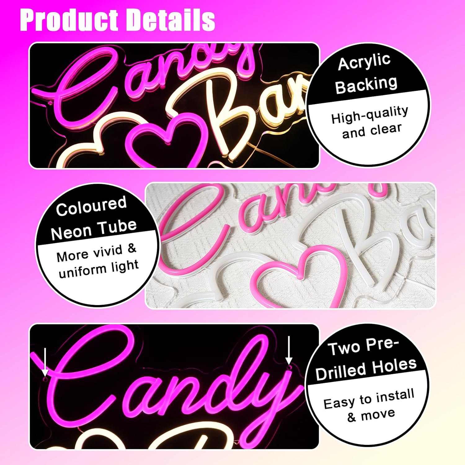 OYCGZV Candy Bar Neon Sign Candy LED Neon Sign Wall Cute Bar Neon Sign USB LED Sign for Wedding Decoration Candy Bar Table Ornament Coffee Restaurant Birthdays Other Events image number 6
