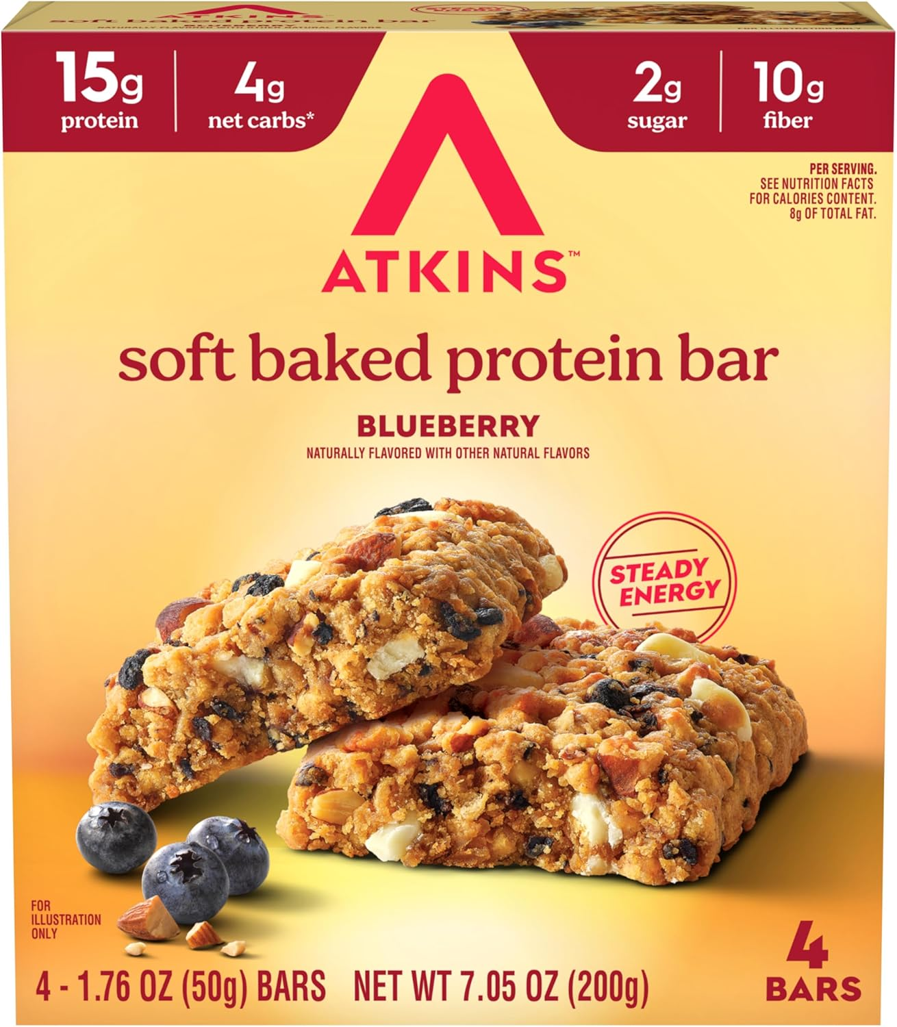 Atkins Soft Baked Protein Bars, Blueberry, 15G Protein, 1.7G Sugar, Excellent Source of Fibre, Low Carb, 4 Pack image number 2