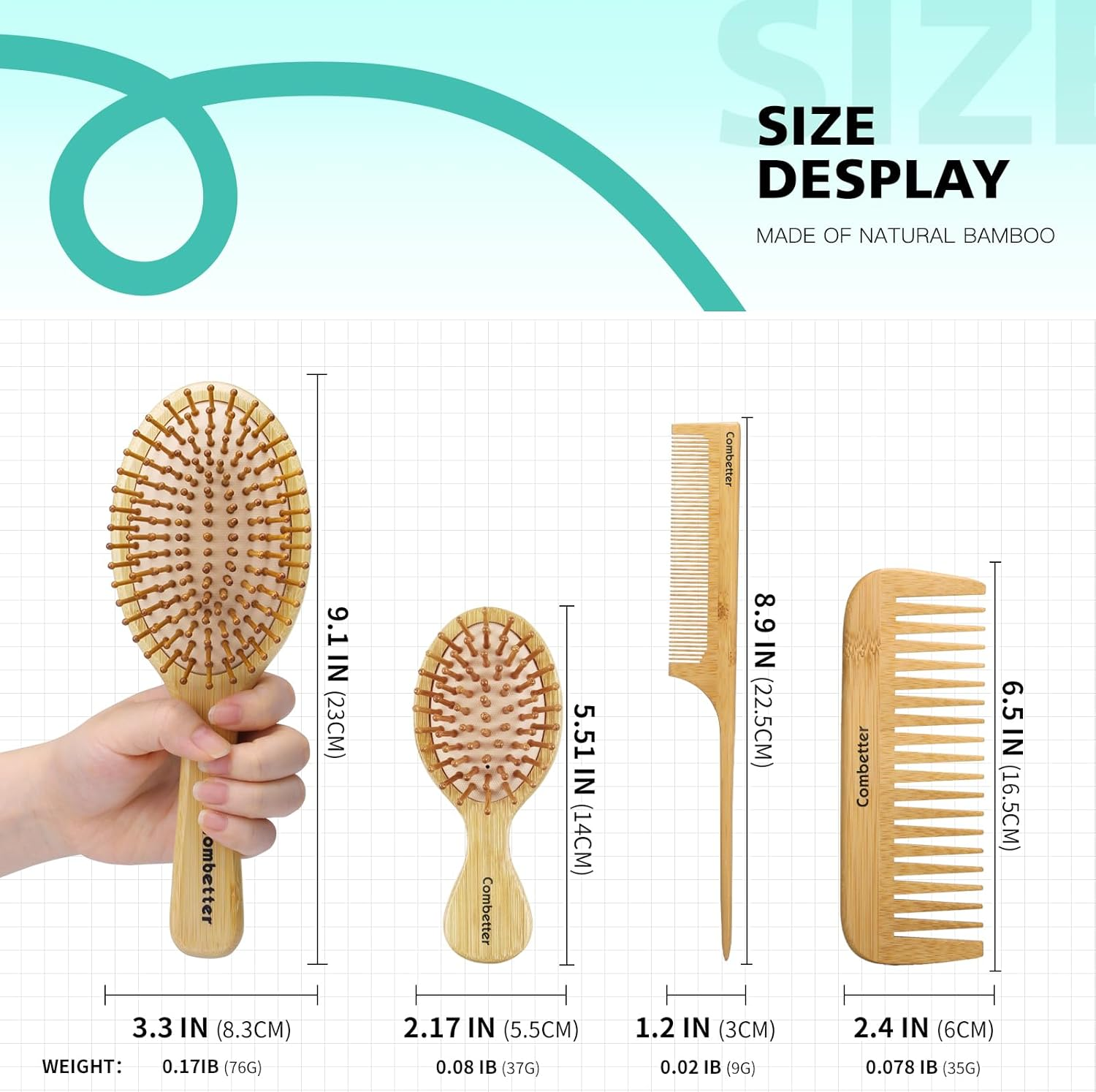 Combetter Bamboo Hair Brush and Comb Set, Eco-Friendly Natural Bamboo Paddle Hair Brush Set, Scalp Massage for Women, Men and Children