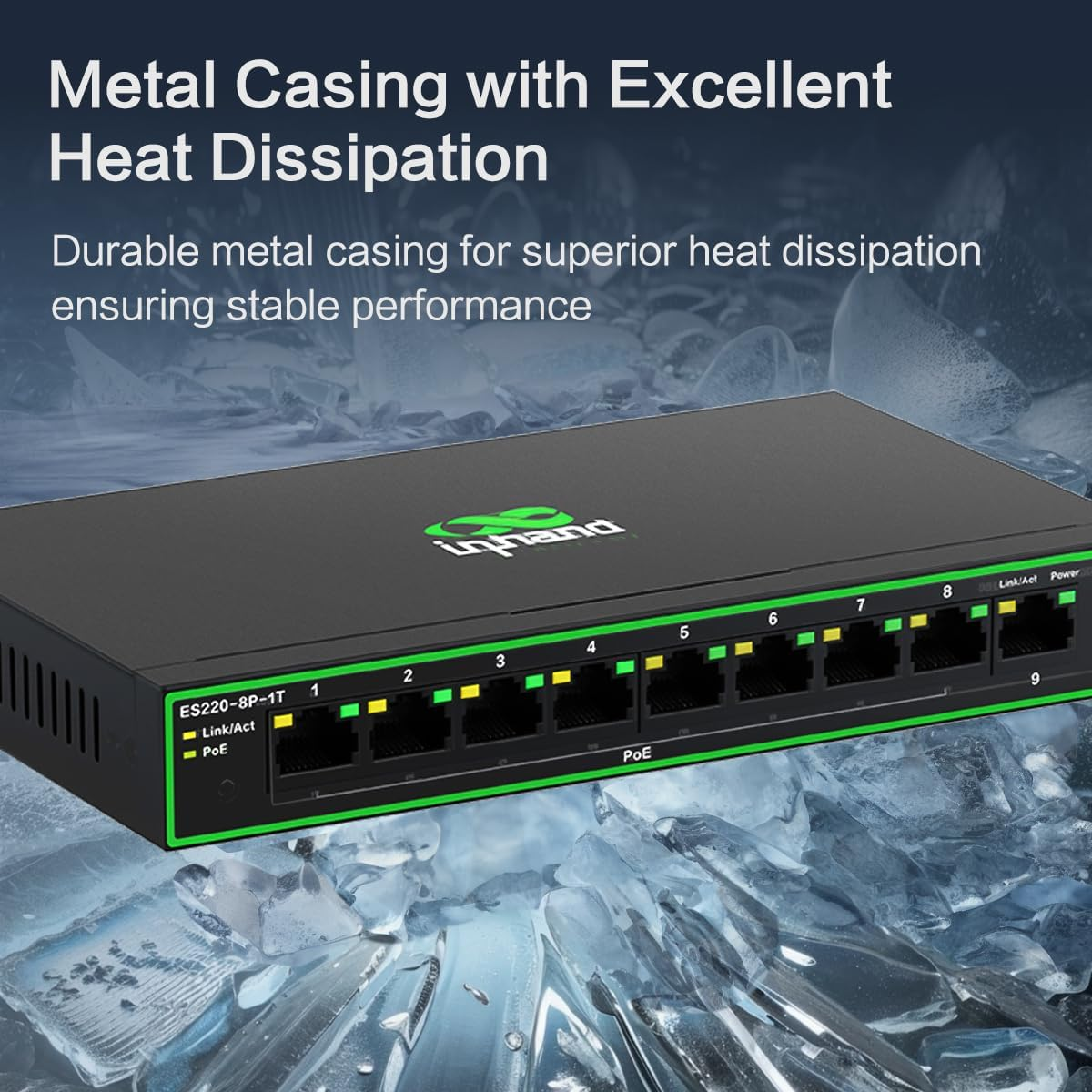 Inhand Networks Gigabit Ports Network Switch, 9 Gigabit Ports Ethernet Swtch with 8 Poe+ Ports Max.120W,Each Port up to 30W, Plug & Play, High Heat Dissipation Metal Case with AU Power Plug image number 5