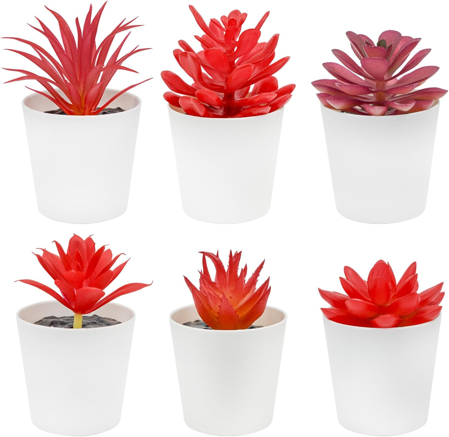 Bacucine Set of 6 Succulents Plants Artificial in Pots Desk Plant Fake Plants Faux Succulents for Bedroom Windowsill Shelf Office Home Decor (Red) - Green Flocking image number 6
