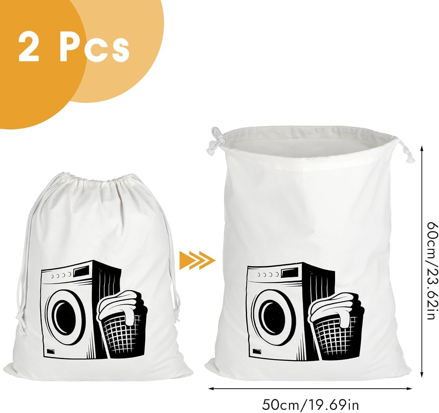 Pack of 2 Laundry Bags Travel, Cotton Laundry Bag Travel, Large Bag with Drawstring, Reusable Laundry Bag Dirty Laundry, Foldable Bag for Clothes Storage, 60 X 50 Cm(White) image number 1