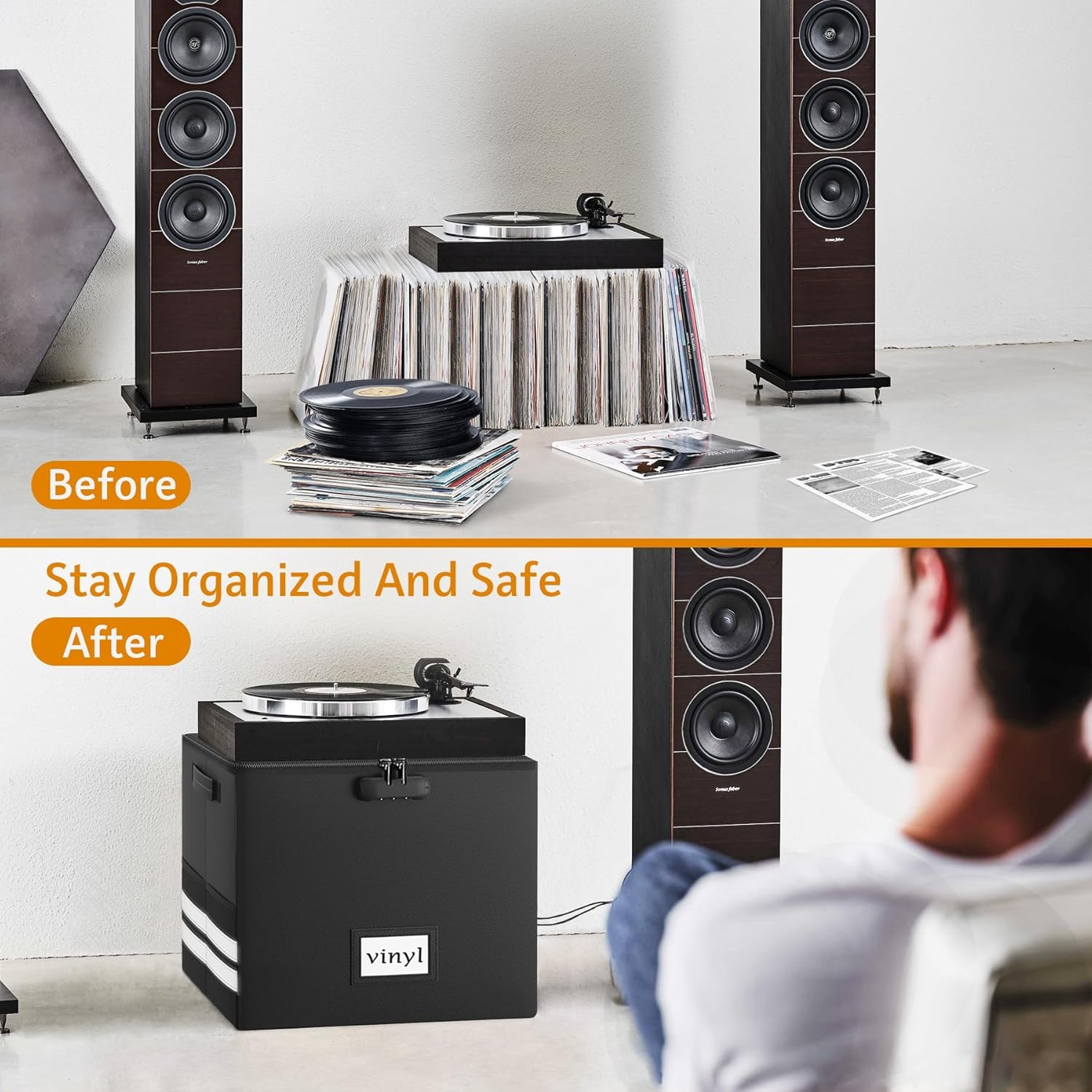 Kitchess Vinyl Record Storage Box with Lock, Fireproof & Waterproof Vinyl Storage Organizer for 100+ 12Inch Albums, Collapsible Vinyl Record Holder with Lid & Handles, 33 X 33 X 33Cm image number 5