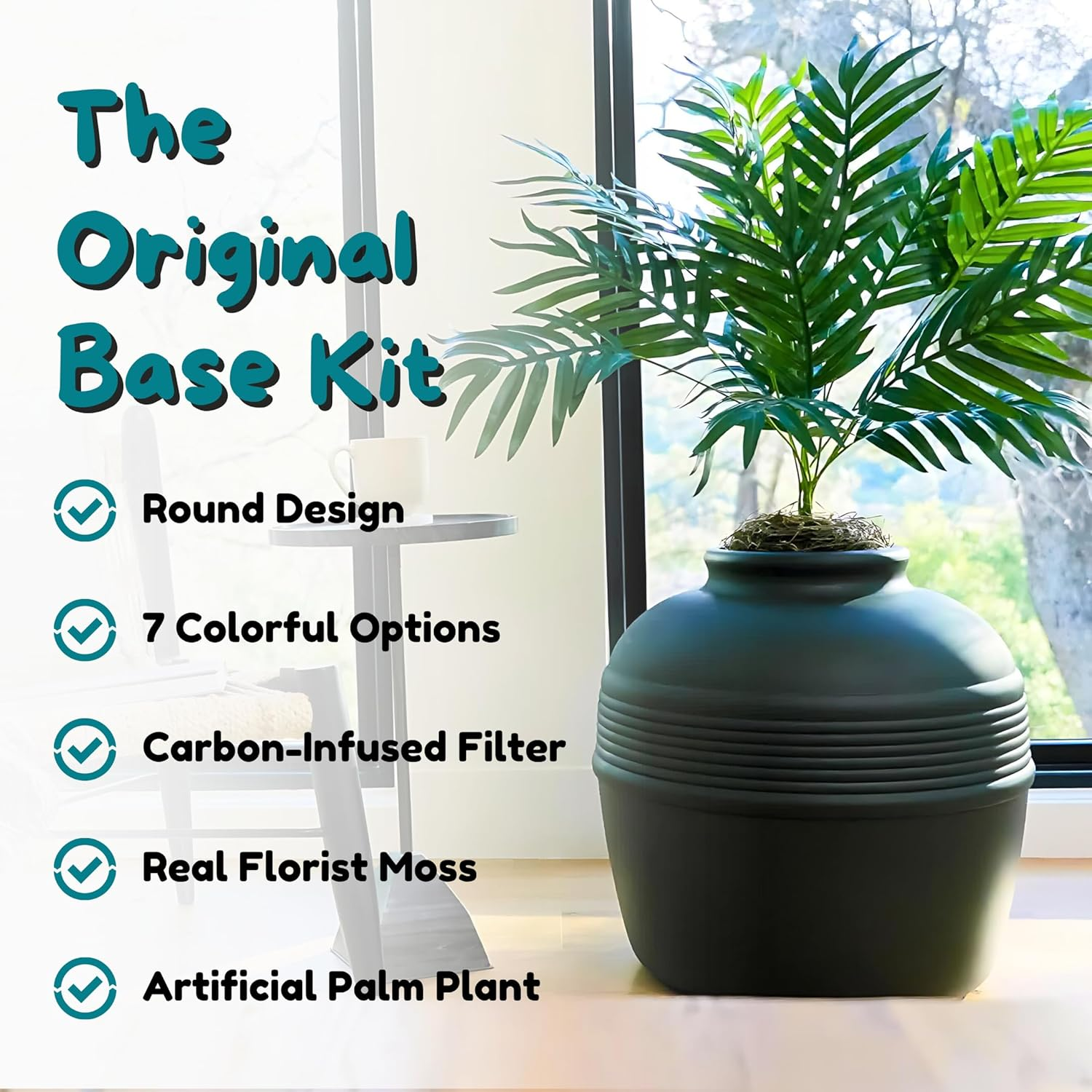 Good Pet Stuff Hidden Cat Litter Box Enclosure with Artificial Plant, Decorative round Planter, Vented Carbon Charcoal Filter for Odor Control, Easy-To-Clean, Made in USA, Base Kit, Black