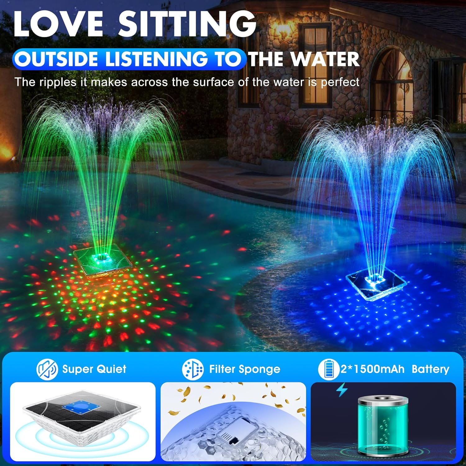 Solar Fountain for Outdoor Use with Underwater Lights, 24 X 24 Cm Solar Fountain, 2 Modes Fountain, Pool Floating, Pool Water Fountain with Anchor, Solar Fountain for Pond, Pool, Garden