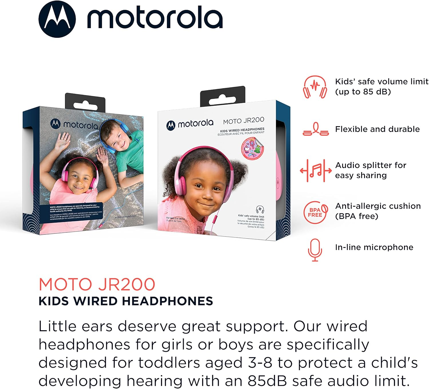 Motorola Sound JR200 - Children'S Headphones with Cable - Volume Limit 85 Db with Audio Splitter - BPA Free - from 3 Years - Pink image number 2