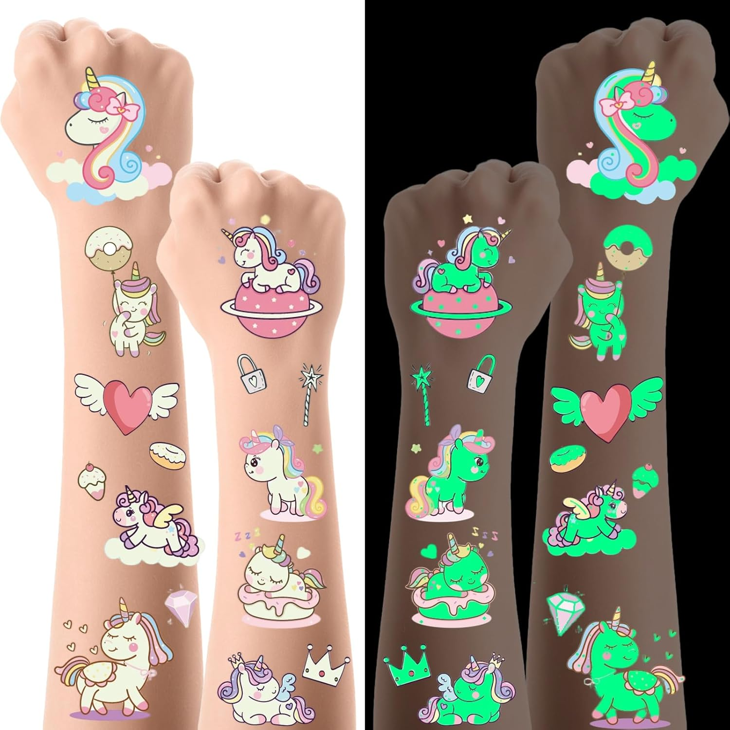 20 Sheets Luminous Temporary Tattoos Kids, Unicorn & Dino Themes Glow Temporary Tattoos Stickers for Girls Boys, Glow Party Supplies Gifts (Unicorn)