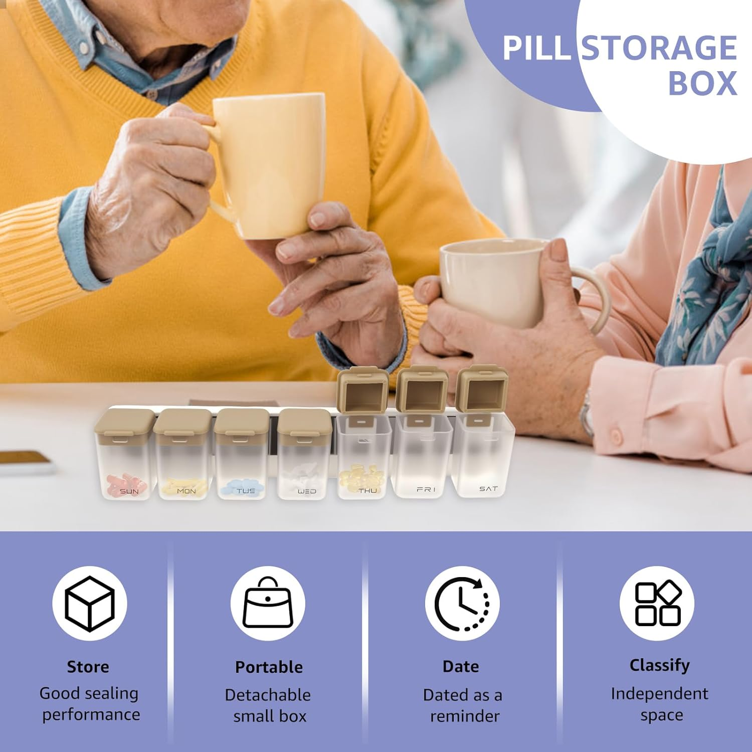 Weekly Pill Organizer with Sealed Lid, Magnetic Weekly Pill Dispenser Box for Fridge, Plastic Removable Large Capacity Pill Case for Supplement Vitamins Fish Oil (Grey) image number 4