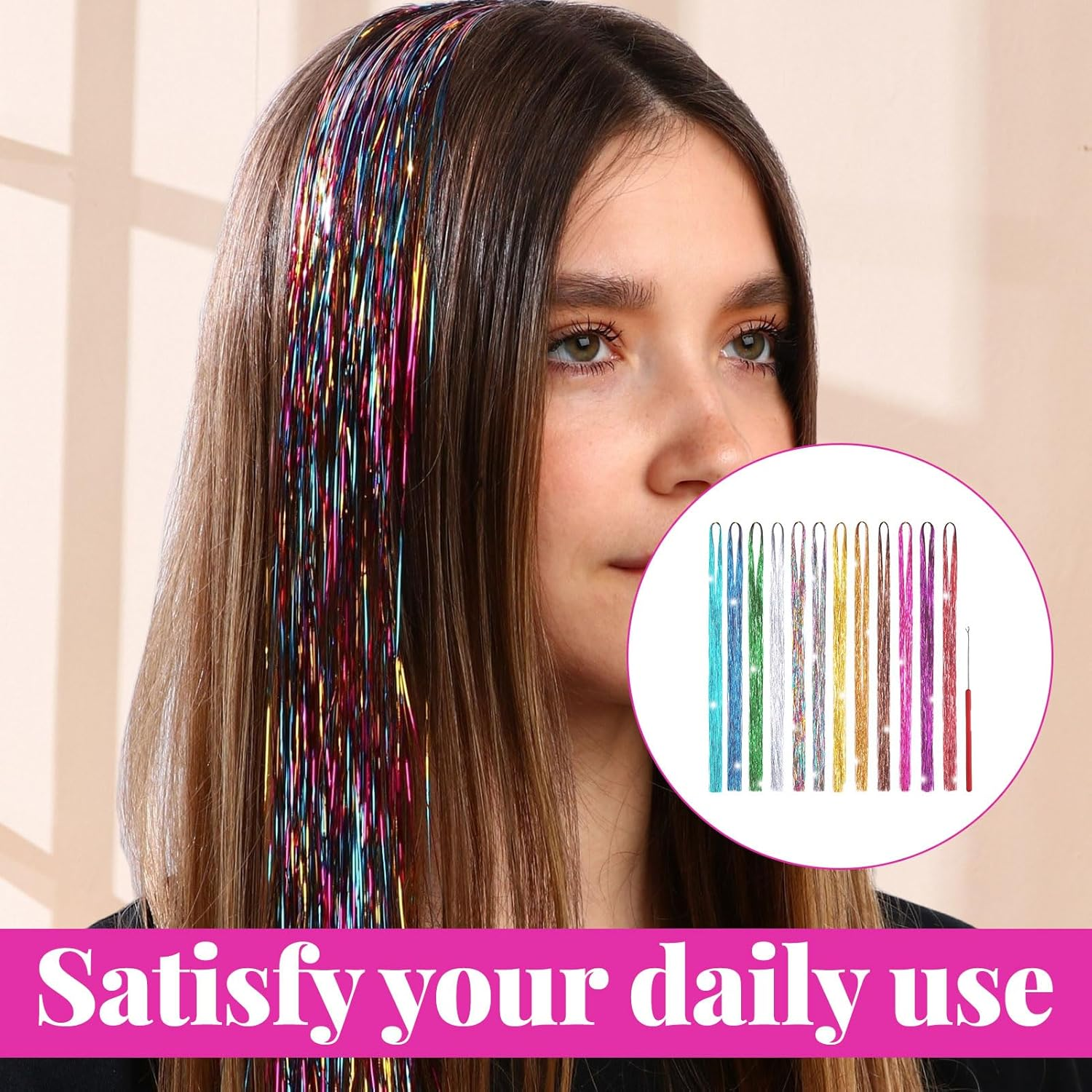 Hair Tinsel, Hair Glitter, Braiding Hair Extensions, 12 Color 2400 Silk Hair Tinsel with Tool, Extensions Highlights Multi-Colors Synthetic Shiny Hair, Suitable for Women and Girls Party Look image number 5