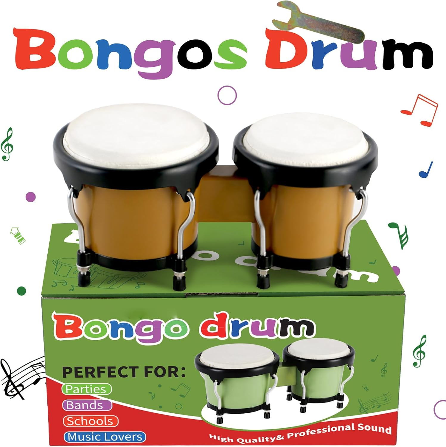EASTROCK Bongo Drums 4" & 5" Set for Adults & Beginners - Authentic Natural Skin Heads & Durable Plastic Shell, Portable Bongos with Tuning Wrench (Brown) image number 3