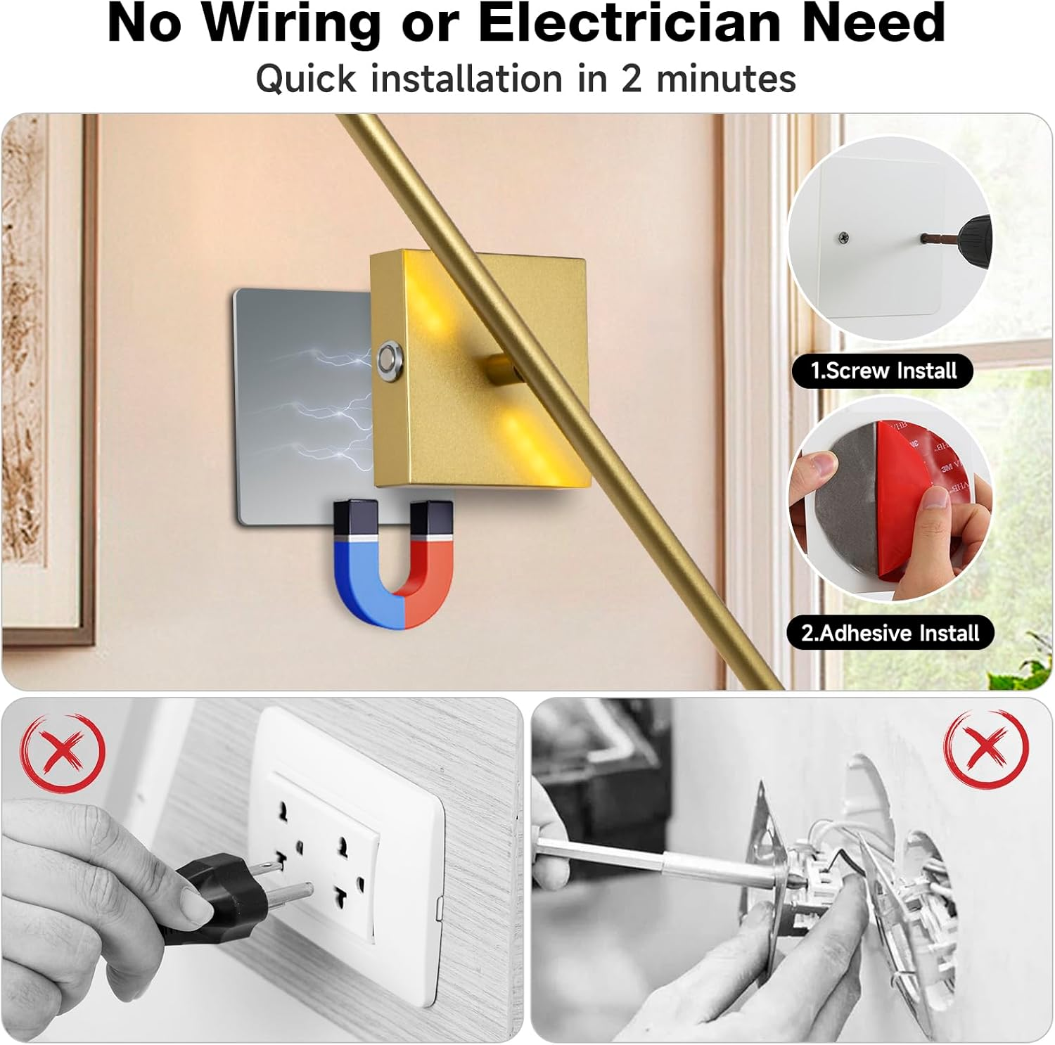 TPSHPTS Battery Operated Wall Sconces Set of 2, LED Rechargeable Wall Lights with Remote Control, 3 Colors Dimmable, 350&deg; Rotate, Gold Wireless Wall Lamp for Living Room, Bedroom, 28.3 Inch image number 3