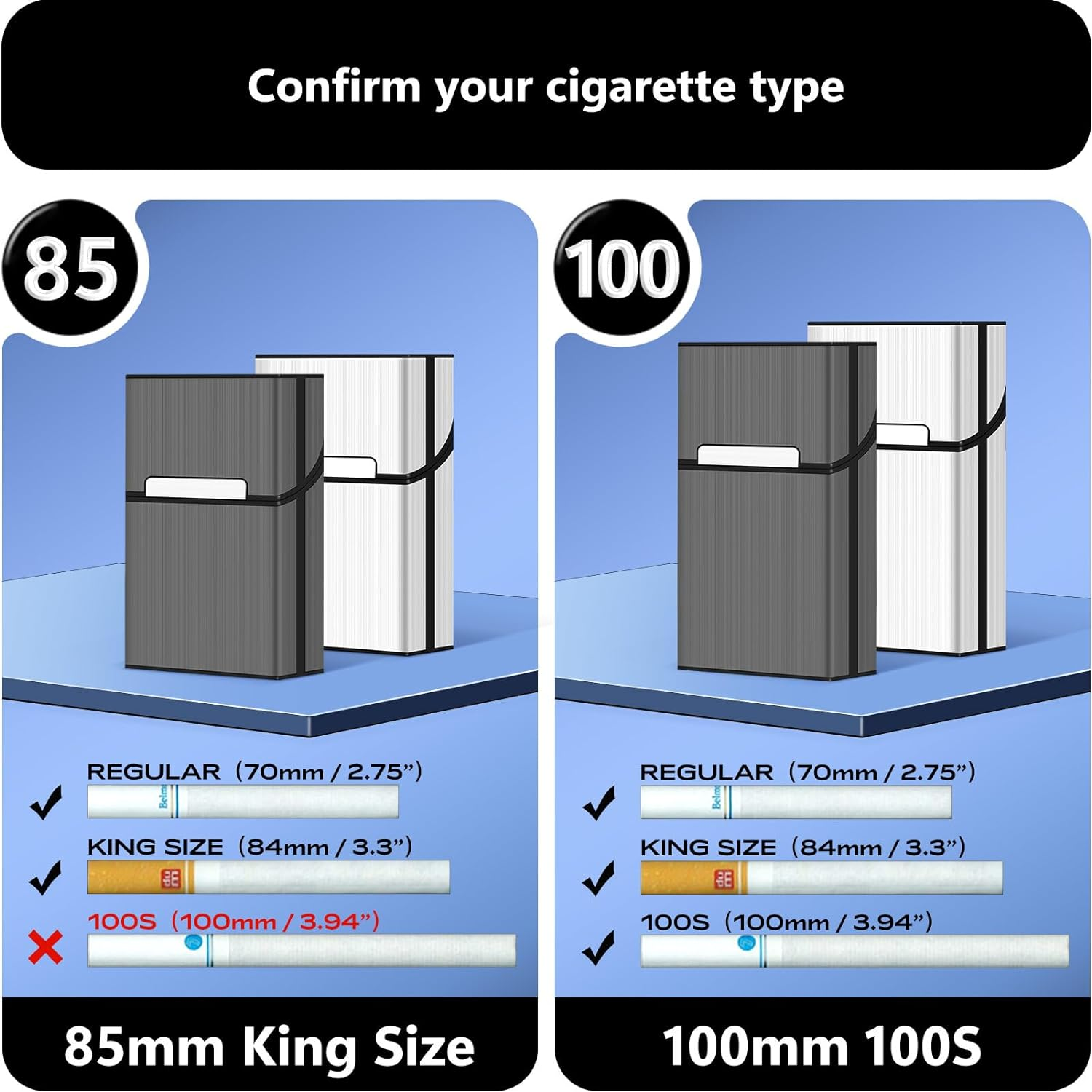 Roygra Cigarette Case, Magnetic Brushed Aluminum, 20 Capacity - 2 Pack (Gray + Silver, 85Mm King Size) image number 3