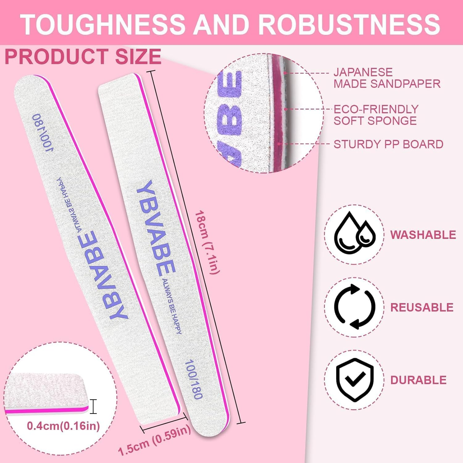 YBVABE Nail File, 25Pcs Nail Files180/240 Grit Double Sided, Premium Professional Salon Quality- Reusable Washable Emery Boards Manicure Tool for Nail Shaping, Dual Grit Manicure & Pedicure(Rhombus) image number 1