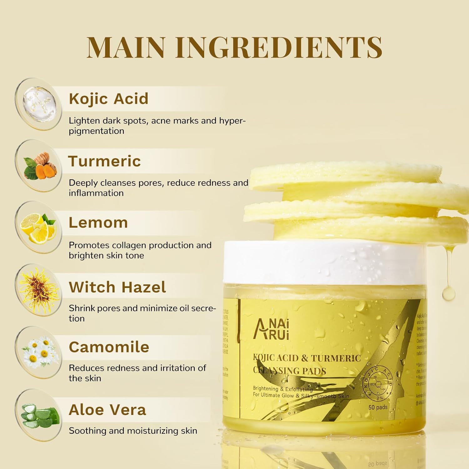 ANAI RUI Turmeric Kojic Acid Exfoliating Cleansing Pads, Deep Cleansing Brightening Pads, Exfoliating Scrub Pad for Face and Body, Acne Treatment, Make-Up Remover Wipes, 50 PCS image number 3