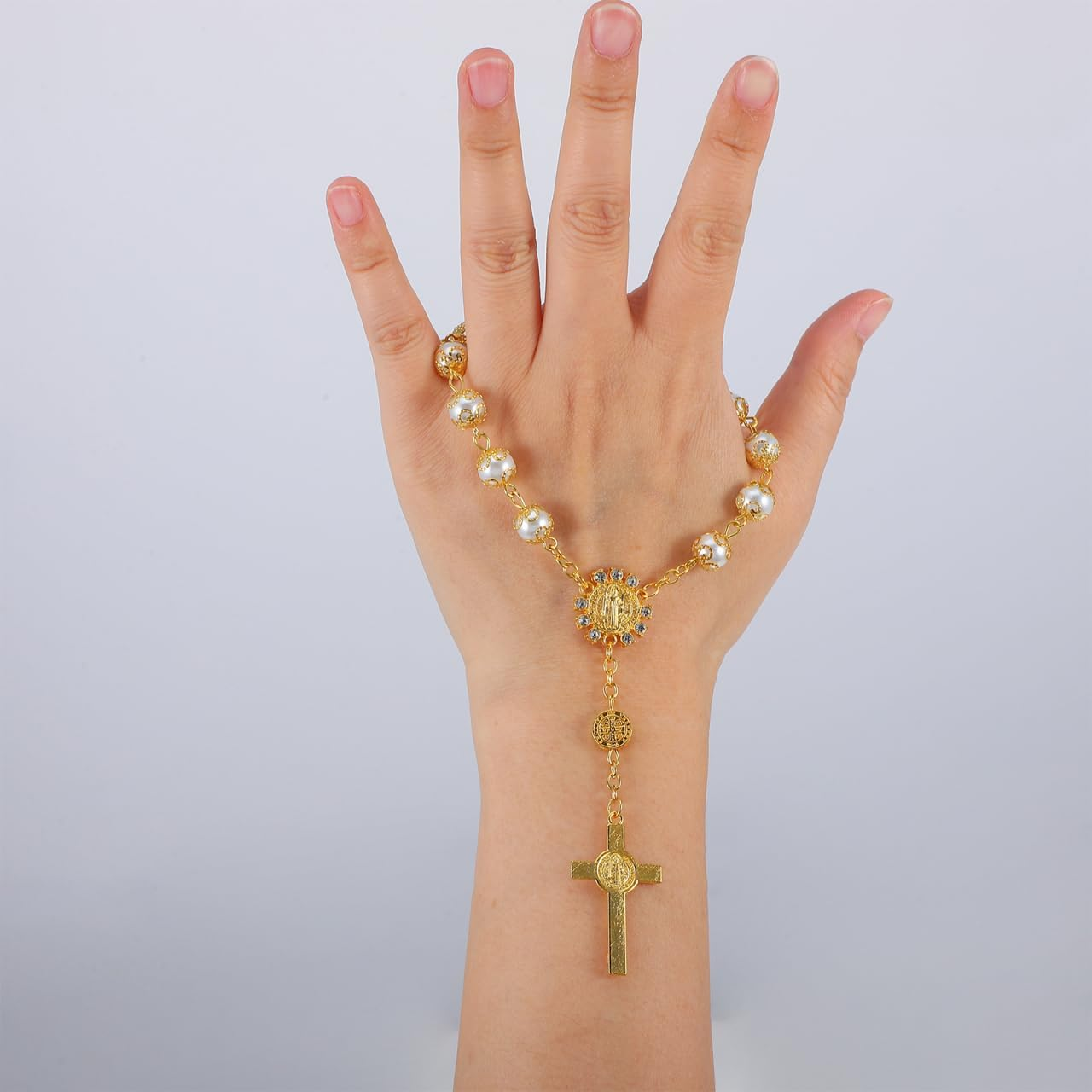 Iplusmile Imitation Pearl Hanger with Cross Pendant and Beaded Bracelet Car Ornament for Rearview Mirror Stylish 7.1X3.5 Inch Decorative Car Accessories - Silver image number 7