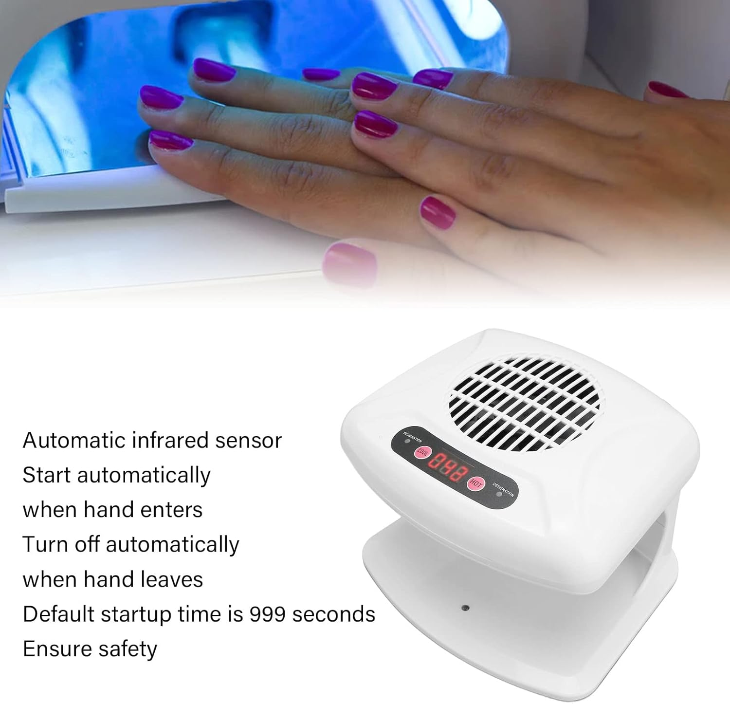 Air Nail Dryer, 300W Quick Dry 2 Air Modes Hot and Cold Air Air Nail Fan Blow Dryer Automatic Sensor Portable Air Nail Polish Drying Fan Manicure Tool for Both Hands and Feet (AU