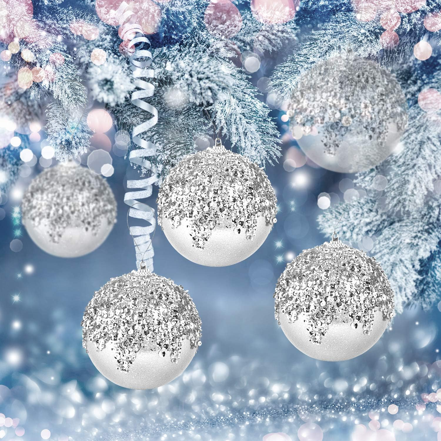 4" Christmas Ball Ornaments, 4Pc Set Silver Shatterproof Christmas Decorations Tree Balls for Xmas Trees Wedding Party Holiday Decorations - Champagne image number 6