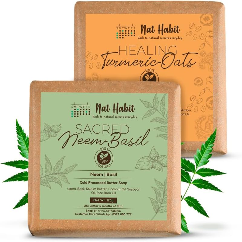 Nat Habit Healing Turmeric-Oats & Sacred Neem-Basil Butter Bath Soap, Anti-Bacterial with Cold Processed, Body Acne, Pimples & Tan Removal (125G X 2, Combo) image number 6