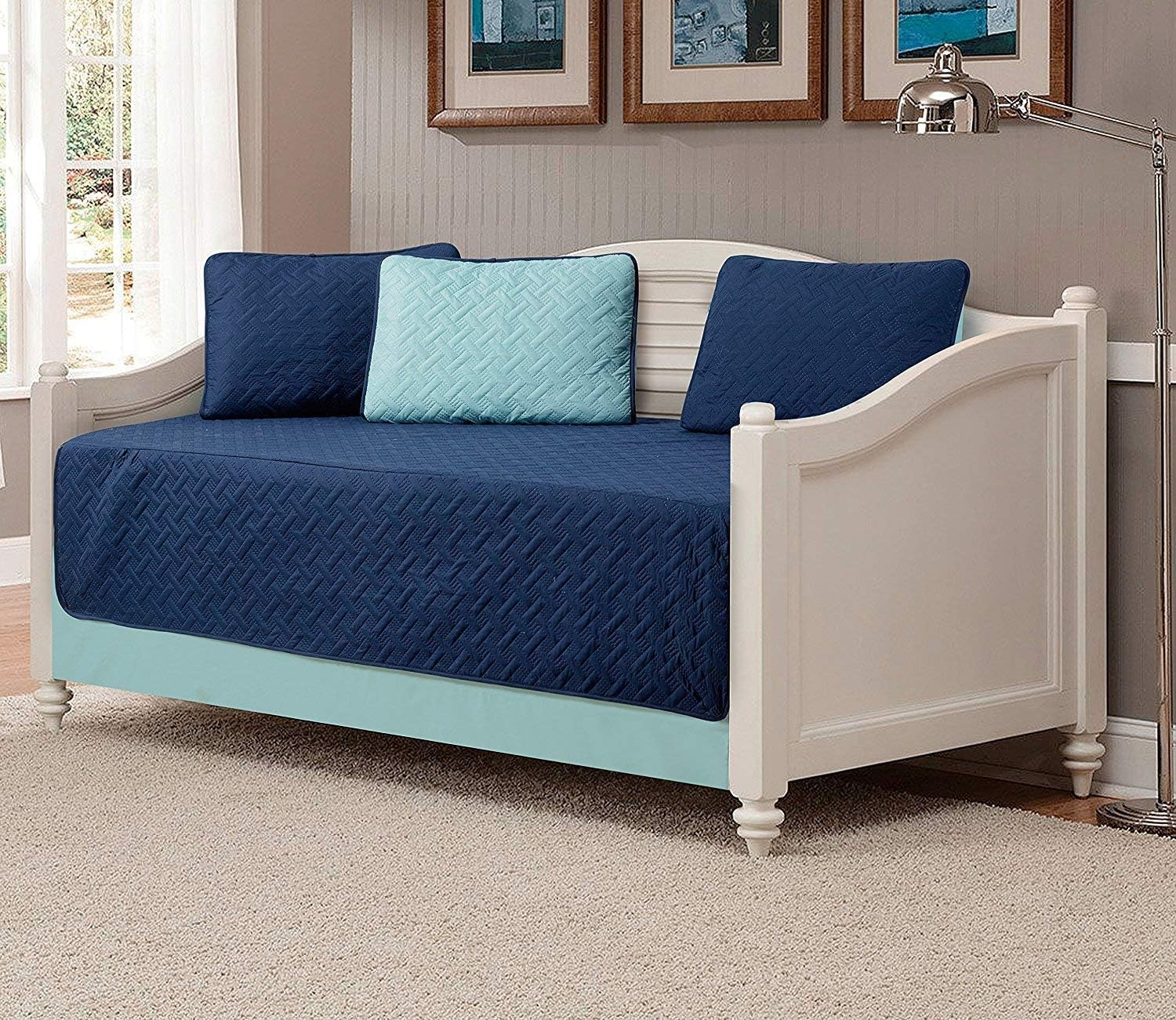 Fancy Linen LLC 5Pc Daybed Cover Quilted Bedspread Set Embossed Solid New, Navy Blue/Light Blue, Daybed