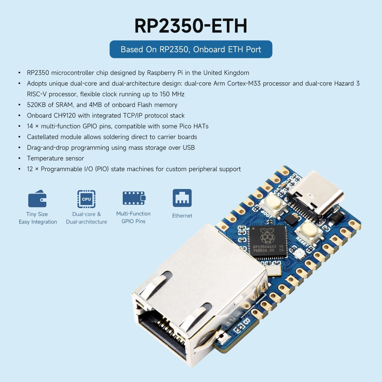 Waveshare RP2350-ETH Mini Development Board, RP2350 Ethernet Port Module, Raspberry Pi Microcontroller Development Board, Based on Official P2350 Dual-Core & Dual-Architecture Microcontroller image number 4