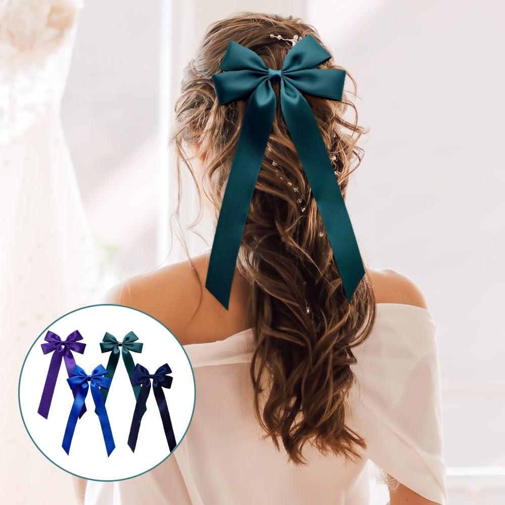 Bekecidi 4 PCS Hair Bows Hair Clip Hair Ribbon with Long Tail Hair Barrettes Tassel Bowknot Hairpin French Hair Clips Slides Metal Clips Hair Accessories for Women Girls (Black, Blue, Green, Purple) image number 1