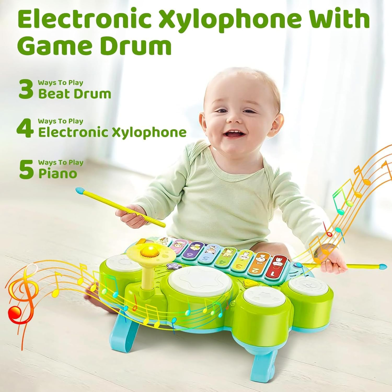Baby Musical Toys 3 in 1 Piano Keyboard Xylophone Drum Set for 1 Year Old Girls Boys Age 2 Music Instrument Learning Toys Toddlers 1-3 0-2 First Birthday Gift Infant Baby Toy 6 9 12 18 Month image number 2