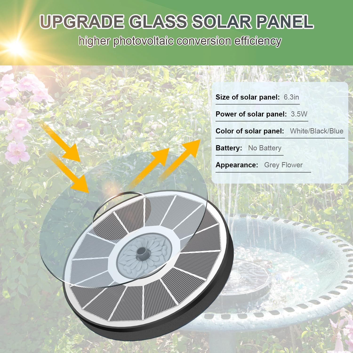 Solar Fountain 2025 Upgrade High Efficiency Glass Panel, 3.5W Solar Bird Bath Fountains with Flower No Battery, Solar Water Pump Fountain for Bird Bath Garden Small Ponds Outdoor D&eacute;cor (White) - Blue image number 3
