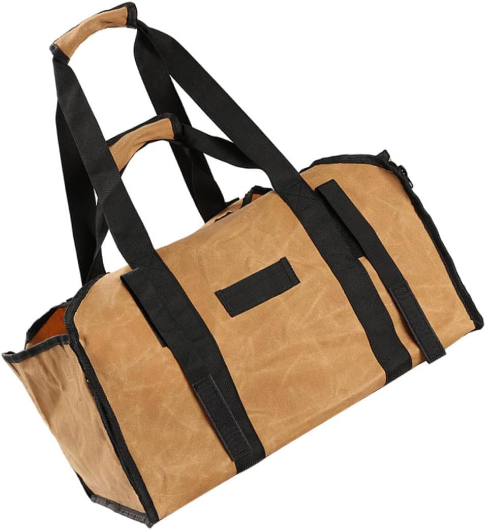 Firewood Storage Bag Canvas Tote Large Capacity Wood Carrier Handheld Firewood Pouch for Outdoor Camping and Fireplace Khaki Log Holder image number 4
