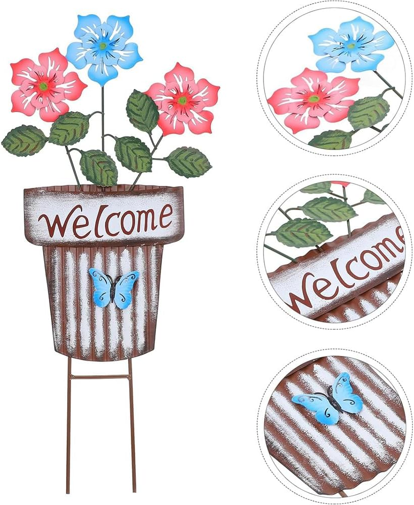 Decorative Garden Stakes, Metal Flower Pot Garden Decor, Welcome Yard Signs for Outdoor Lawn Backyard Patio Porch Pathway Decorations